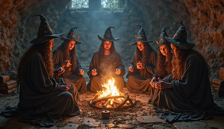 Realistic photo, witches sit in the basement around the campfire and conjure