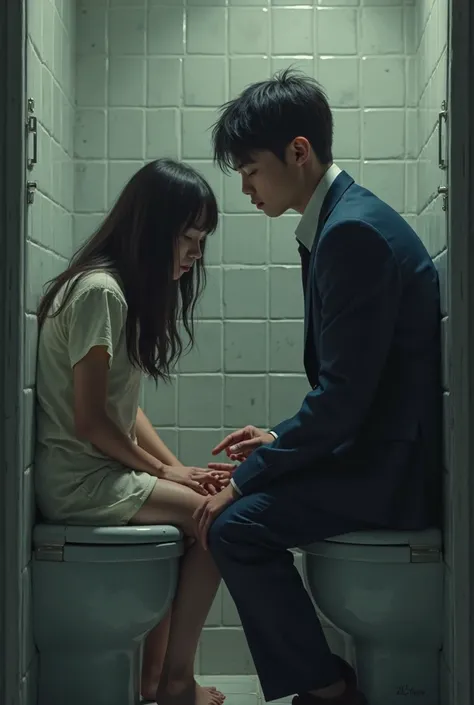 a sad girl sitting and a boy in a suit having a conversation in the bathroom