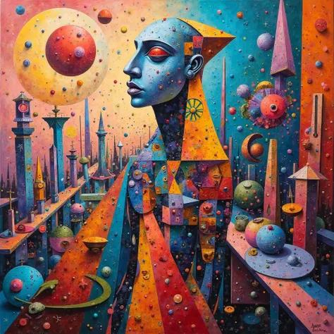Cubist oil artwork with bright colors from a surrealist painting