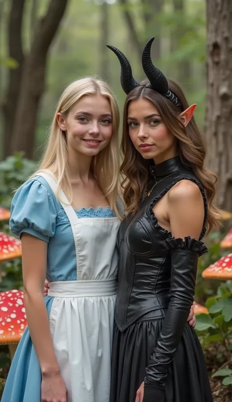 Two young women, positioned slightly off-center, are posing together. The woman on the left, light-skinned and with light blond ...