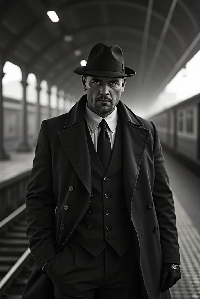 a 1920' British Agency Detective, strong body, (black & white), photo, train station, background, ((ugly)), ((scared Eye)), cine...