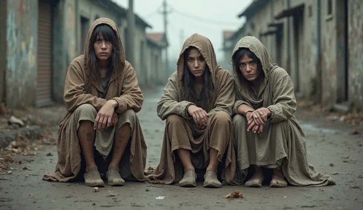 Homeless Women Dirty, Torn Clothes, Faces of Grief and Despair