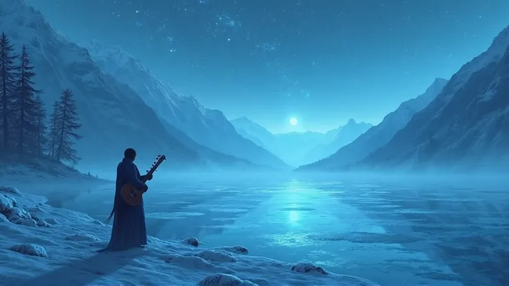 Frozen lake light
「Frozen lake in the Himalayas、night。Blue light leaks through the surface of the ice、Sitar stands on the lakesi...
