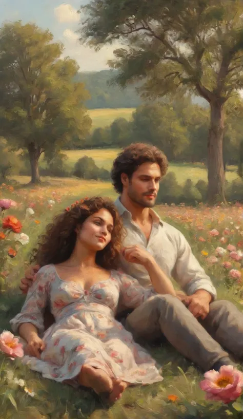 a handsome couple lying on the grass with colorful flowers around,  mulher(curly hair,wearing a full length dress, including the...