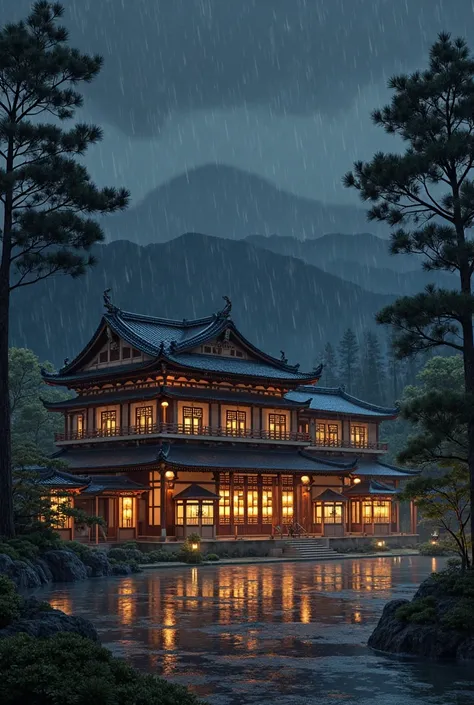 Create an image of a traditional feudal Japanese house at night with rain and all the lights on.