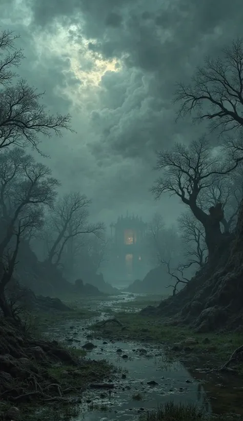 Dark swamp of Lerna under stormy skies, eerie mist rising from the water, ancient Greek setting.