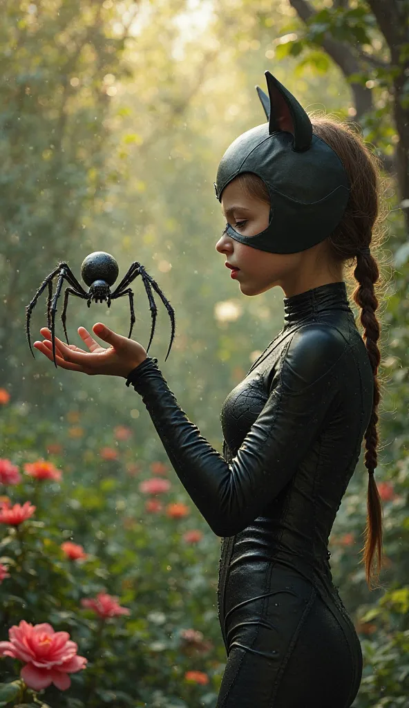 A spider on a young girl dressed like catwoman's hand in a garden 