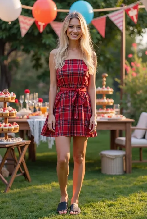 A beautiful young woman stands outdoors at a festive party decorated with colorful balloons and traditional bunting. She is wear...