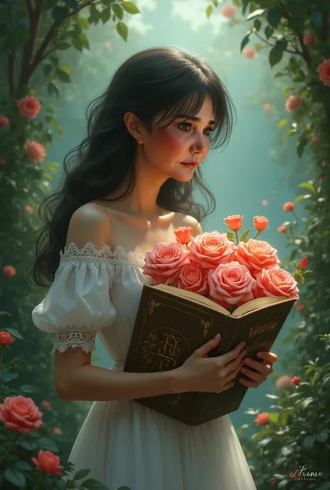 I want the same picture with only one difference that the character is holding a rose bouquet and with the book Love You 