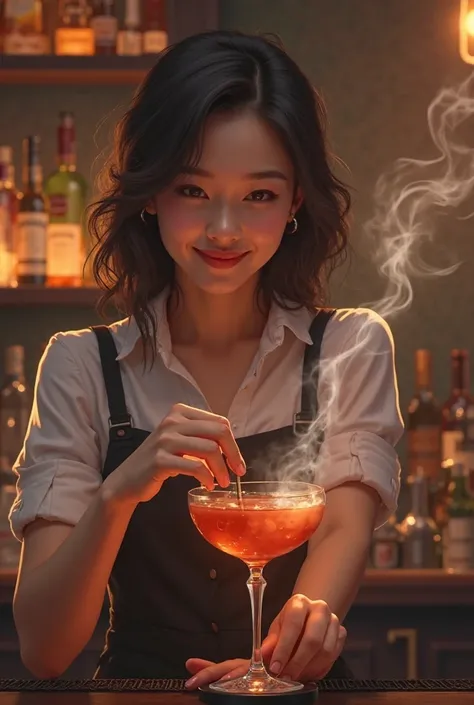 a bartender cute girl making Smokey cocktail