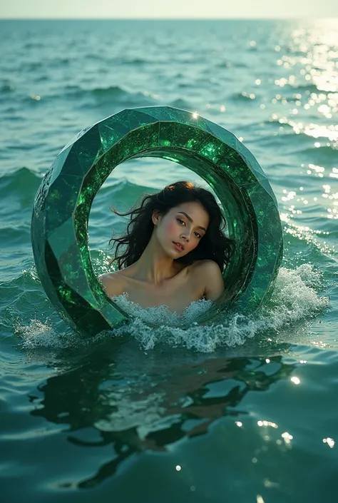 An extremely beautiful girl inside the giant emerald ring in the middle of the sea 