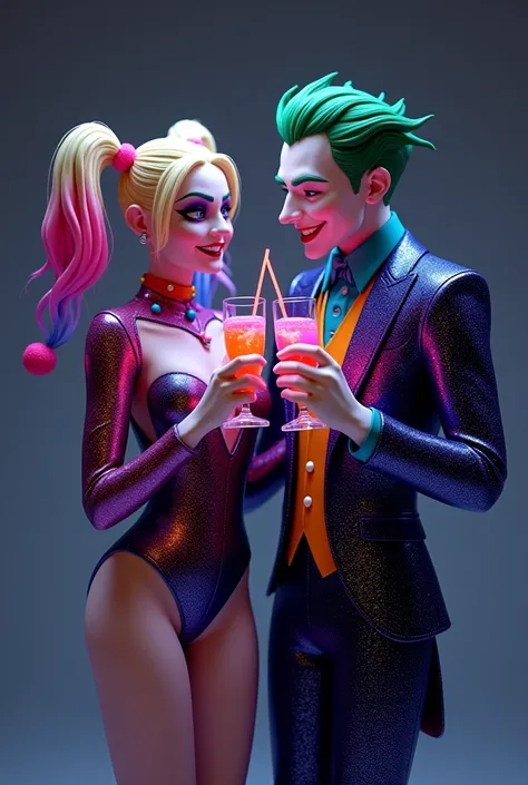 Harleyquuen wearing a galactic outfit together with Joker in a galactic suit, Smile and toast with a few drinks, Plain backgroun...