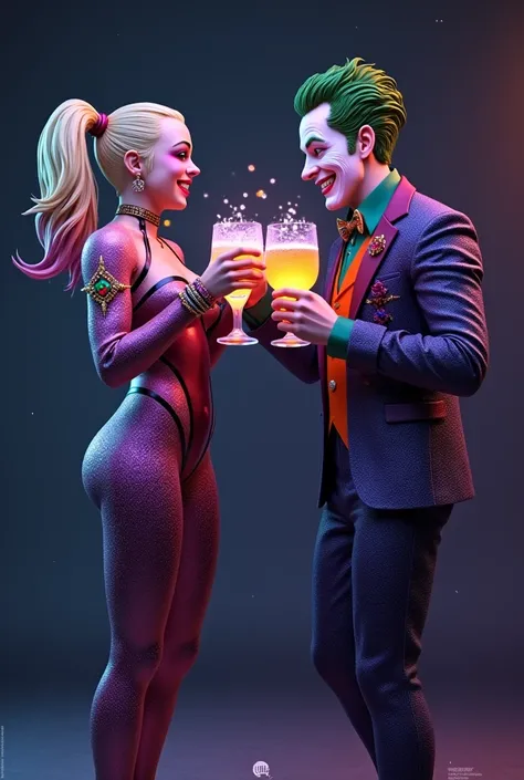 Harleyquuen wearing a galactic outfit together with Joker in a galactic suit, Smile and toast with a few drinks, Plain backgroun...