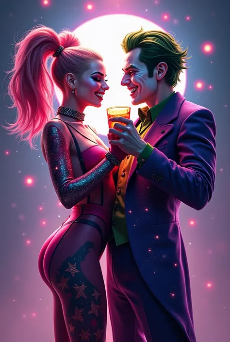 Harleyquuen wearing a galactic outfit with Joker in a real galactic suit, Smile and toast with a few drinks, Psan for party flye...
