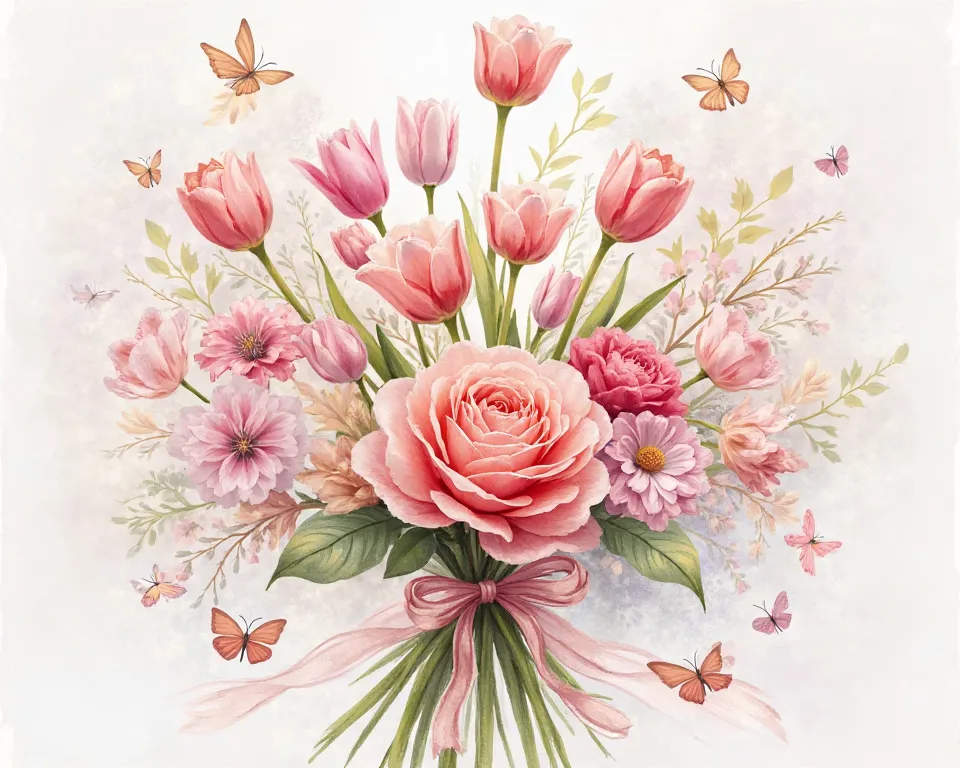 Beautiful greeting card design with a bouquet of tulips and roses, soft watercolor style, ribbon with', pastel background with b...