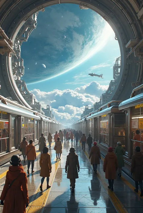 A train station in Earth&#39;s orbit, View of the Earth,  different alien races run on the platform, different creatures, 