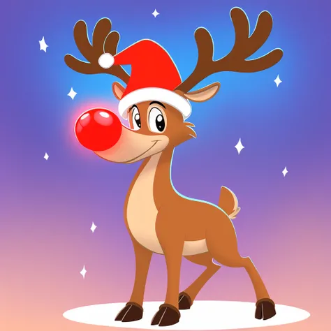 Christmas reindeer, Wearing a christmas hat, big long snout, Big glowing red nose,  toon Reindeer,  toon nose, toon reindeer 