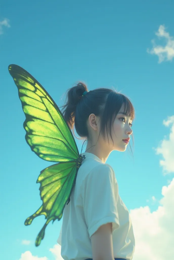 a Japanese high school girl with a ponytail, super delicate live action, is flapping the green butterfly wings on her back, it's...