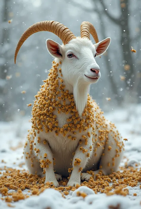 A white goat sitting in the snow, its entire body completely covered with hundreds of thousands of honey bees, forming a dense, ...