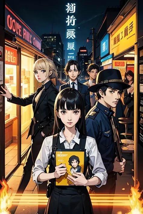 Four people、criminal、stand side by side、poster style、Suspense