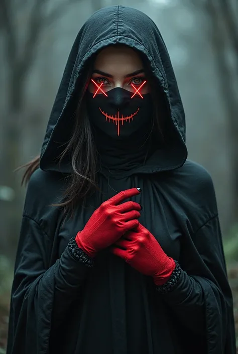 girl, in a black cape, black hood on the chest, red gloves, орhuntingжевый чёрный магия, face mask with neon teeth and glosses, ...