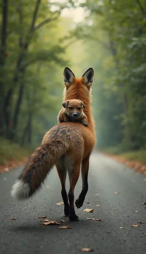 A small injured puppy is sitting on the back of a fox, as the fox carefully walks along a city road. The road is surrounded by d...