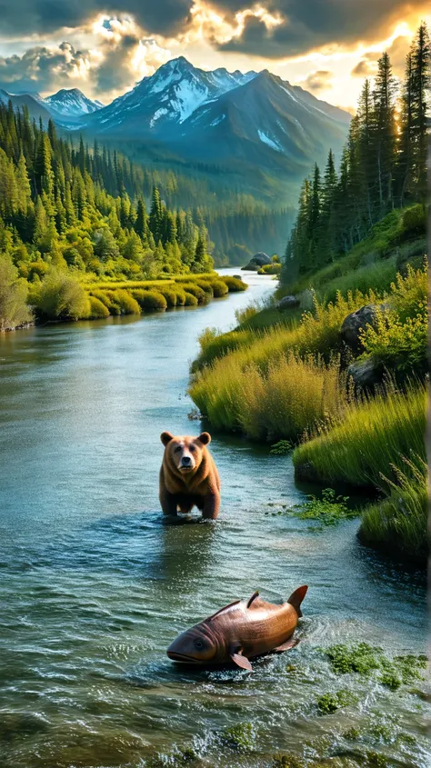 a big brown bear,catching fish,in a flowing river,scenic mountain landscape,with lush green forests,under a cloudy blue sky,4K, ...