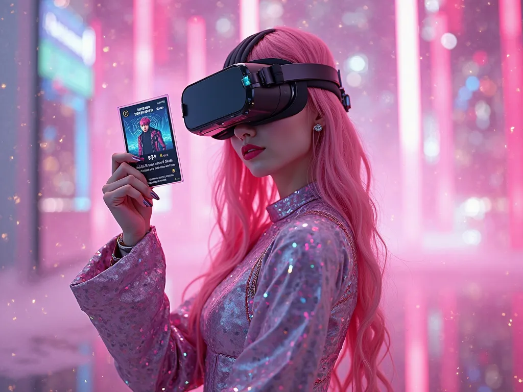 black pink lisa showing one BS card  pink and purple theme  futuristic outfit ,  VR on her head