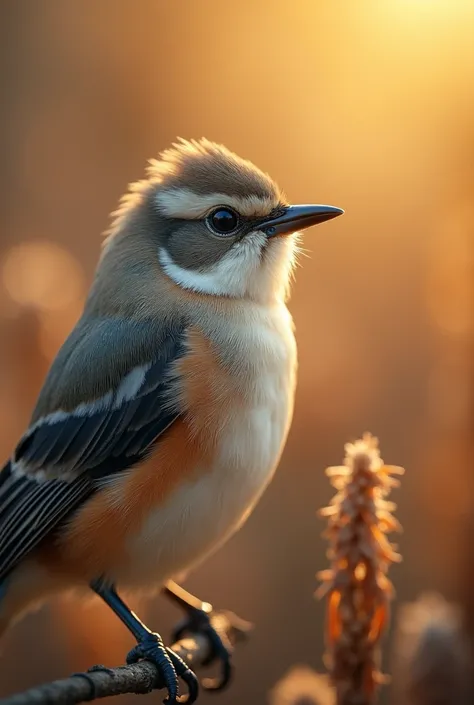 A mesmerizing close-up portrait of a gorgeous little bird illuminated by the soft, golden light of a tranquil morning, with vibr...