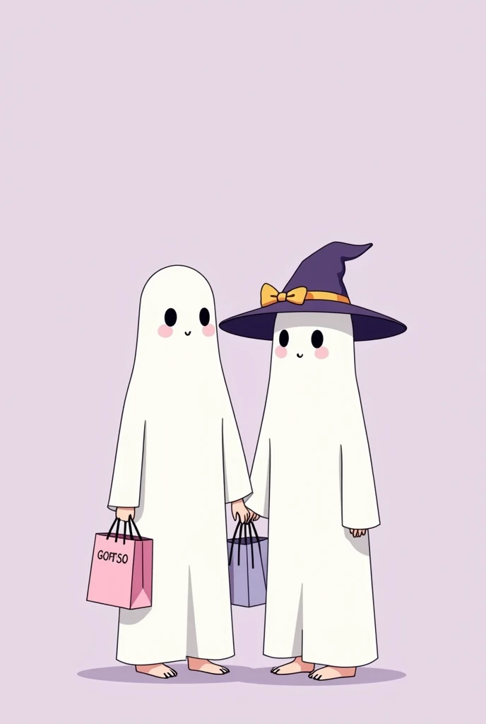 Minimalist Studio Ghibli style illustration, of TWO GIRLS DRESSED AS GHOSTS (with white sheets and cute eyes) shopping together....