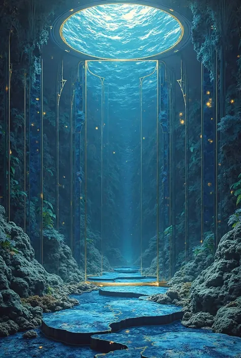 . There is a machine with dark blue panels and golden borders that glow {x} on a flat blue mountain with an irregular circle who...
