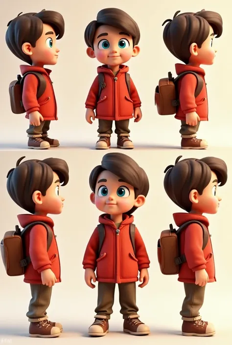 "A full-body 3D illustration of a young boy, around , with soft, smooth brown hair and bright blue eyes full of wonder. His face...
