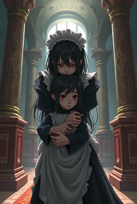 Drawing a maid hugging her  son is hated by everyone, anime style, dark color gamut , They are in the palace..