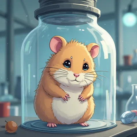 A small yellowish brown hamster is kept in a glass cage in a laboratory，Look good，My eyes are full of sadness，Anime style