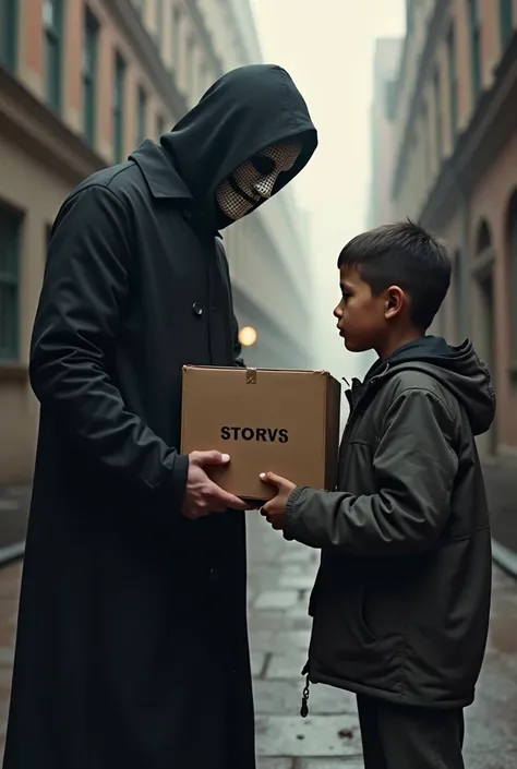 SOMEONE WHO HELPS A POOR PERSON WHO HAS A HELP BOX IN HIS HAND AND THE BOX IS WRITTEN IN BOLD . A MASKED MAN IN BLACK WHO DELIVE...