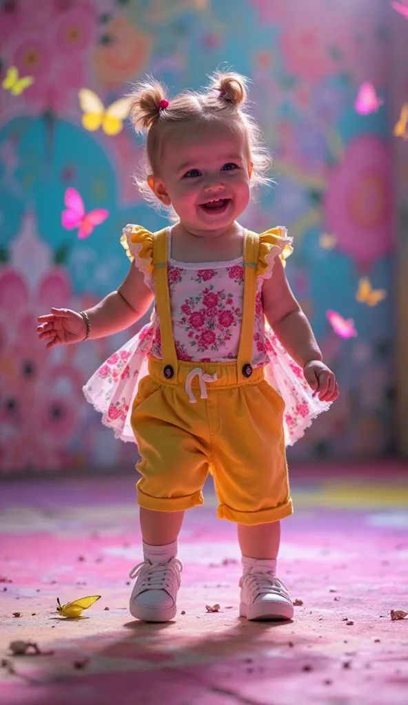  A baby in a flowery pink and white dress, swirling in a garden full of butterflies .
 A baby in a bright yellow jumpsuit and wh...