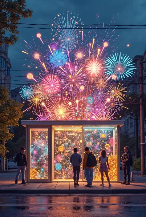 Create a bus stop with a fireworks concept.