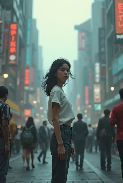 young woman standing still in the middle of a busy crowd, looking confused, city background, soft lighting, surreal atmosphere
