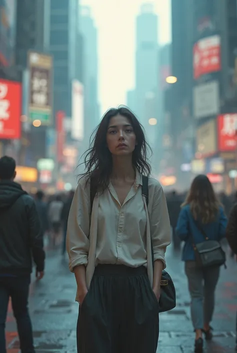 young woman standing still in the middle of a busy crowd, looking confused, city background, soft lighting, surreal atmosphere