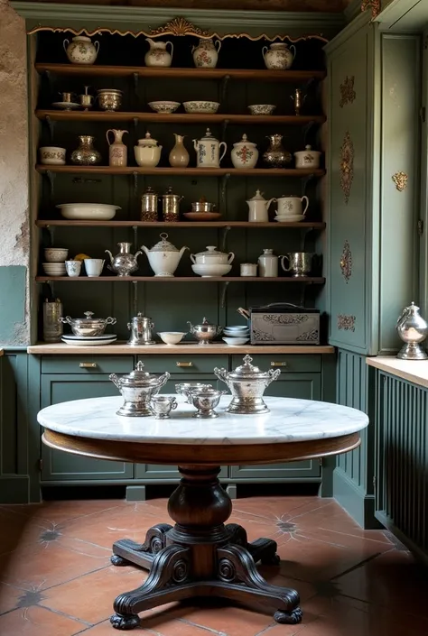 The scene moves to the pantry, a cool and organized place, full of shelves with supplies, spare porcelain and shiny silver utens...
