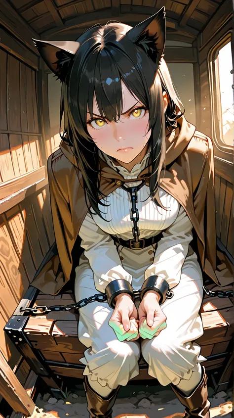 Anime-style, semi-realistic, female prisoner inside an open-roof wooden wagon cart, chained hands resting on lap, She has messy ...