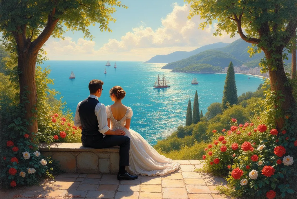 Painting of a couple sitting in a garden overlooking the ocean and a squadron of ships on the horizon, inspired by Claude Monet ...