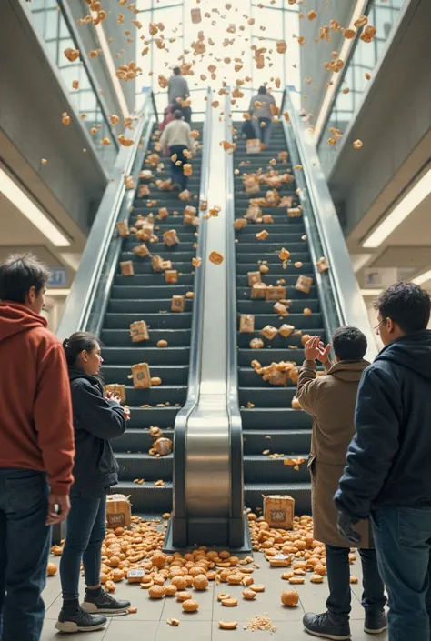 People are doing their own thing.  The food is slowly falling from the escalator.