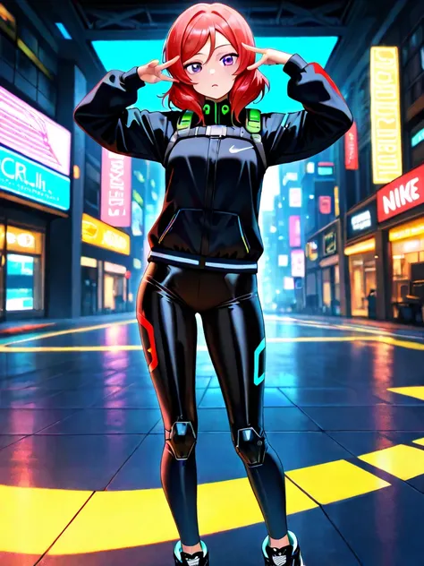 Best quality, masterpiece, ultra high res, beautiful, beautiful eyes, girl, solo, maki nishikino, red hair, purple eyes, cyberpu...