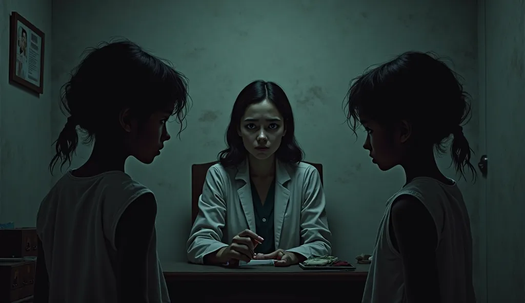 A therapist sitting with two silent black skin twin girls in a small office, one twin looking away, the other staring at the wal...