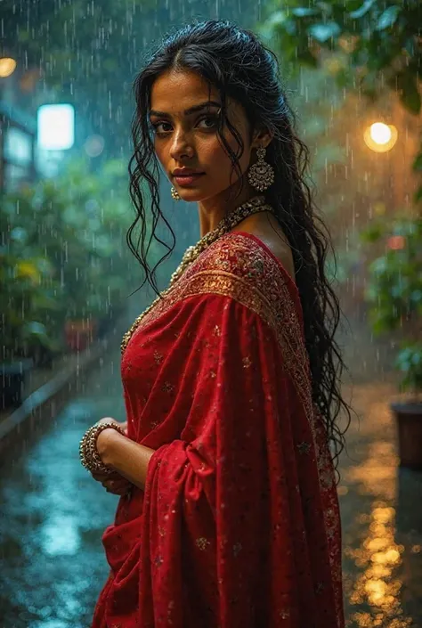 A beautiful, sexy Indian girl standing in the rain, wearing a red saree that clings to her curves, traditional jewelry glimmerin...