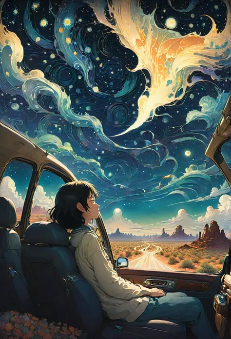 A  sleeping peacefully on the back seat of a moving car as it drives through a starry desert highway, Studio Ghibli, top quality...