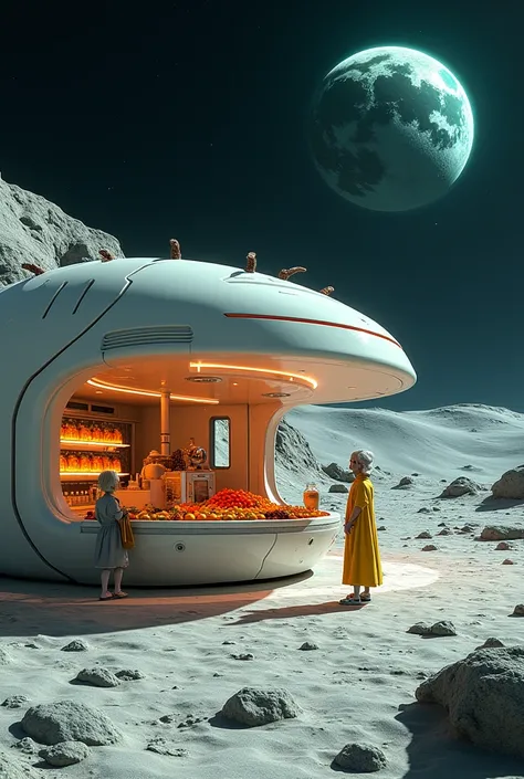 future fruit shop on the moon,mystery future fruit blender,allien spaceship pass by as buyer fruit juice, fantastic fruit juice ...