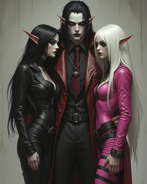 One young guy, white skinned man, with long black braided hair, in a black suit , black shirt, in a burgundy tie and a red leath...