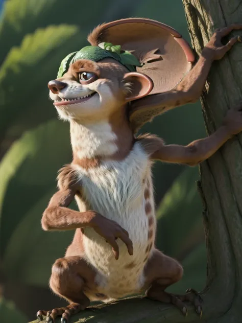 (buckminster:1.1), weasel, leaf eyepatch, wide eyed, weasel, composition, proportions,  high-angle view, toothy grin, wide eyed,...